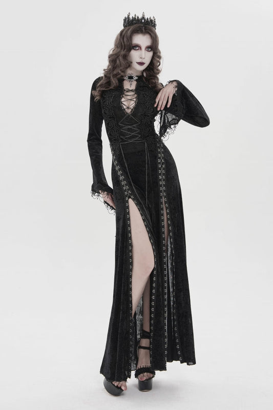 Halterneck Trumpet Sleeve Hanayome Lace Lace-Up Slim Chain Gothic Dress Plunging Split Maxi