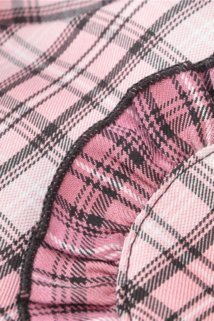 Pink Heart Plaid Double-Layer Ruffled Mini Skirt with Lace Hem