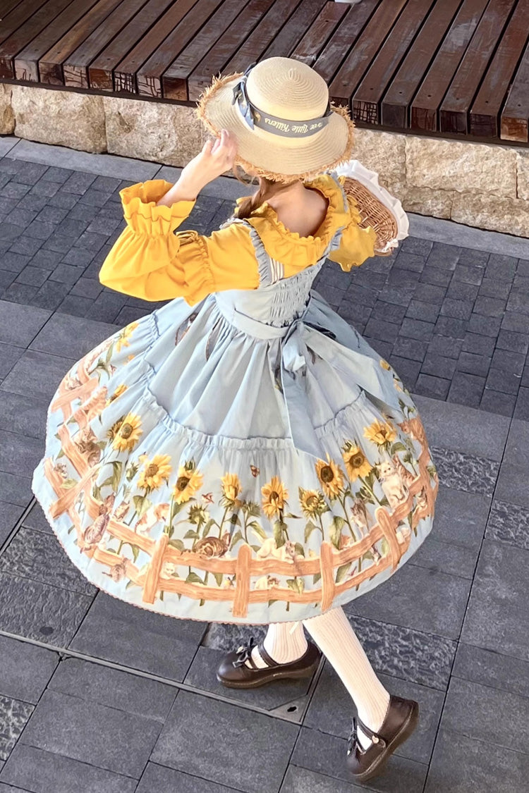 Sunflower-Print Bow-Adorned Sweet Lolita JSK Dress in Two Tones