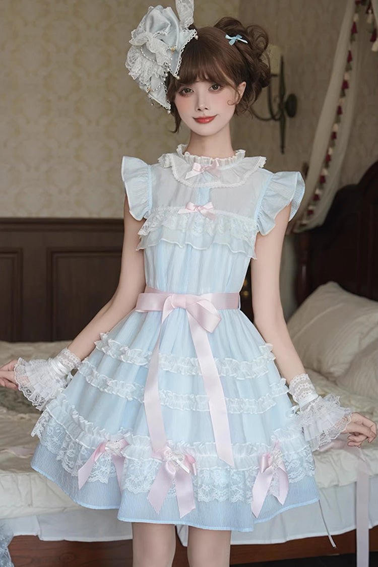 Blue Frosted Cake Stand Collar Sleeveless Ruffle Bow Lace Sweet Japanese Princess Lolita Tiered Dress