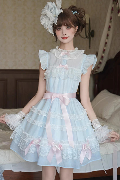 Blue Frosted Cake Stand Collar Sleeveless Ruffle Bow Lace Sweet Japanese Princess Lolita Tiered Dress
