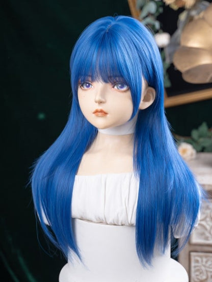 Blue 63CM Length Straight Wig With Full Bangs