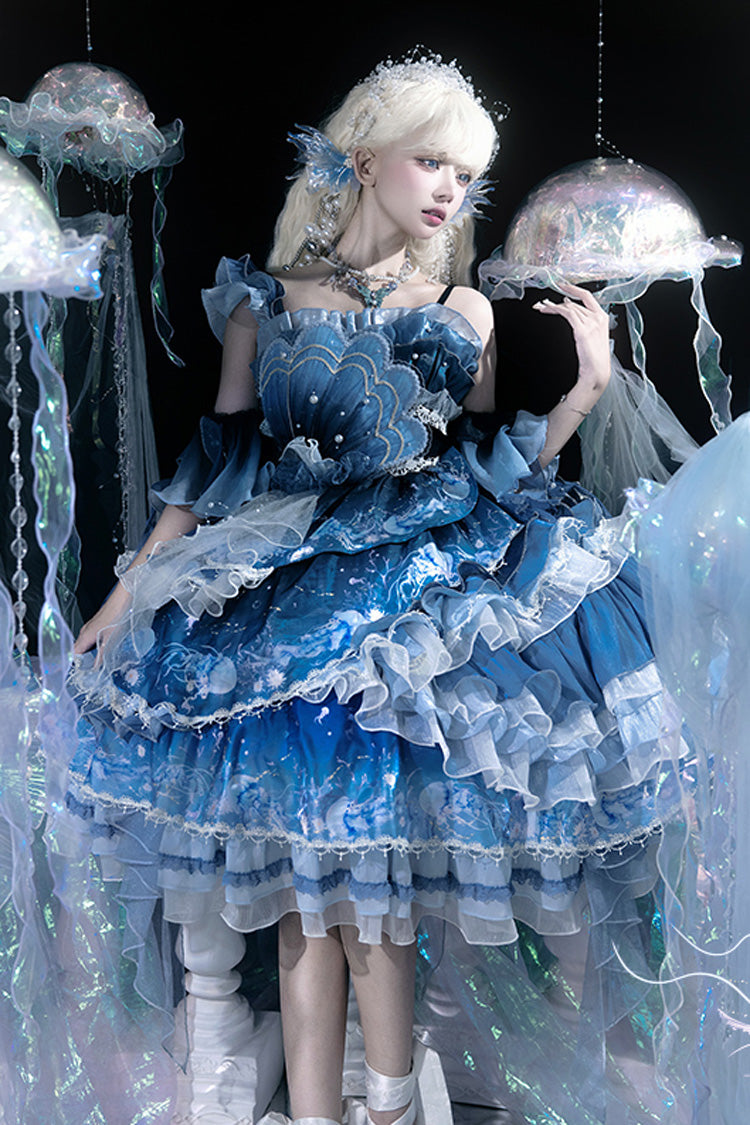 Gradient Printed Ruffled Embroidered Bow Lace Asymmetric Sweet Elegant Lolita JSK