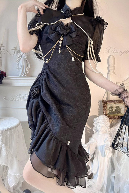 Camellia Rose Asymmetric Ruffled Gothic Chinese Elegant Lolita JSK Dress in Three Colors