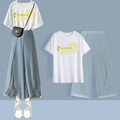 T-Shirt Set Chiffon Split Printed Pants Chic