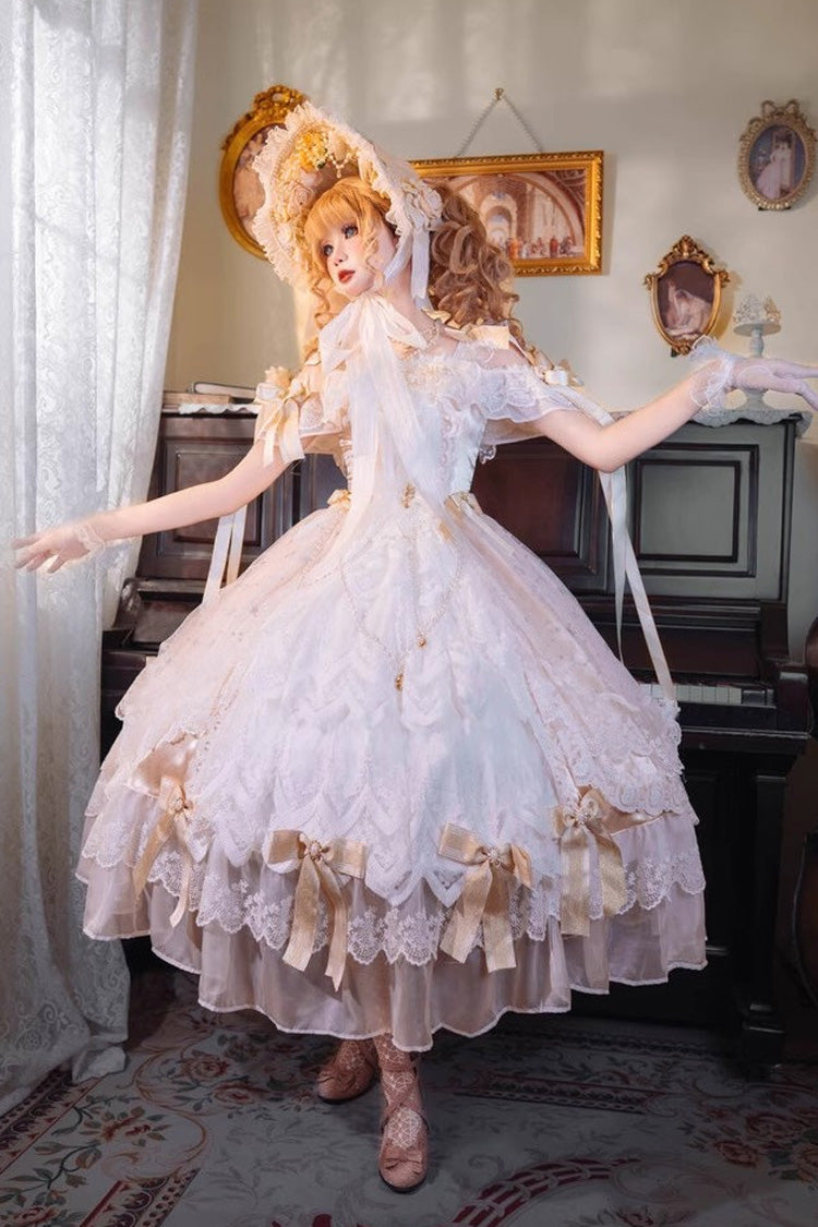 Golden Off-Shoulder Ruffled Lace Bow Wedding Elegant Gown