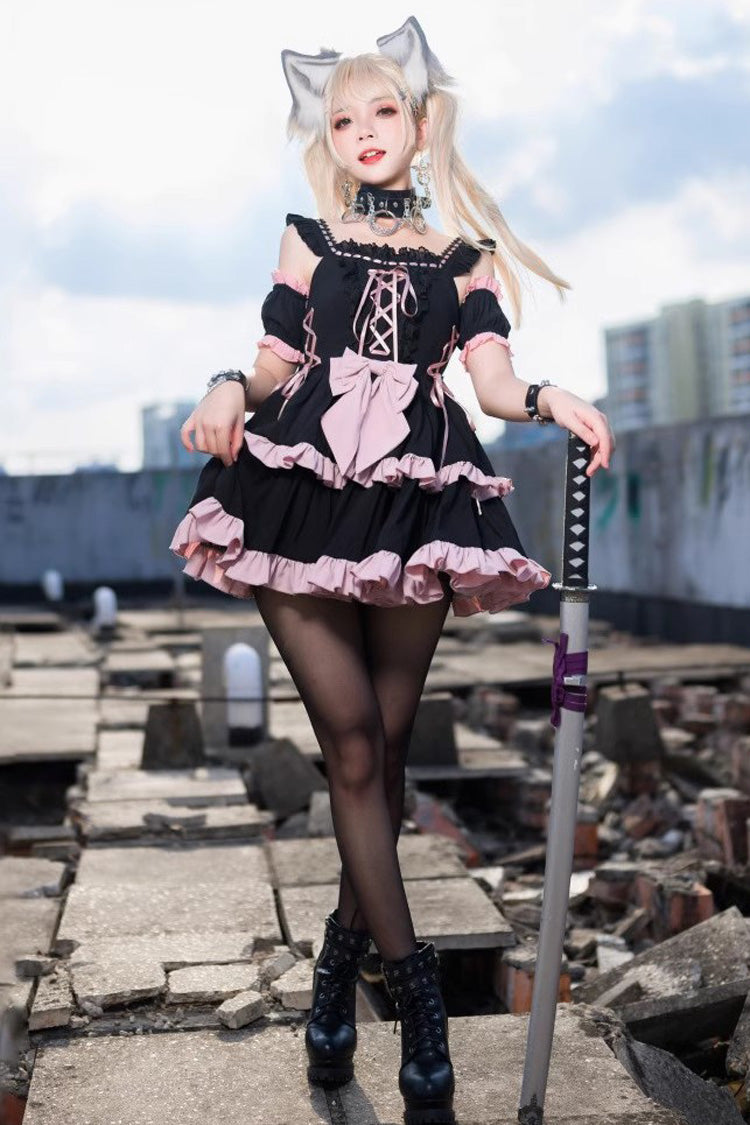 Black Pink Sleeveless Multi-Layer Ruffle Bow Sweet Lolita JSK Dress