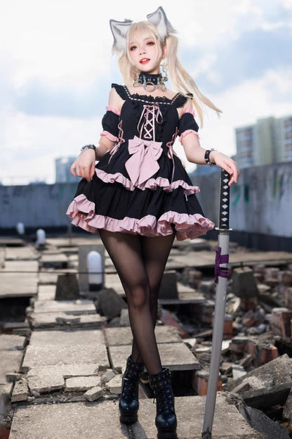 Black Pink Sleeveless Multi-Layer Ruffle Bow Sweet Lolita JSK Dress