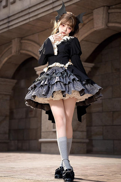 Black Eternal Night Feast Multi-Layer Ruffle Lace Gothic Princess Set