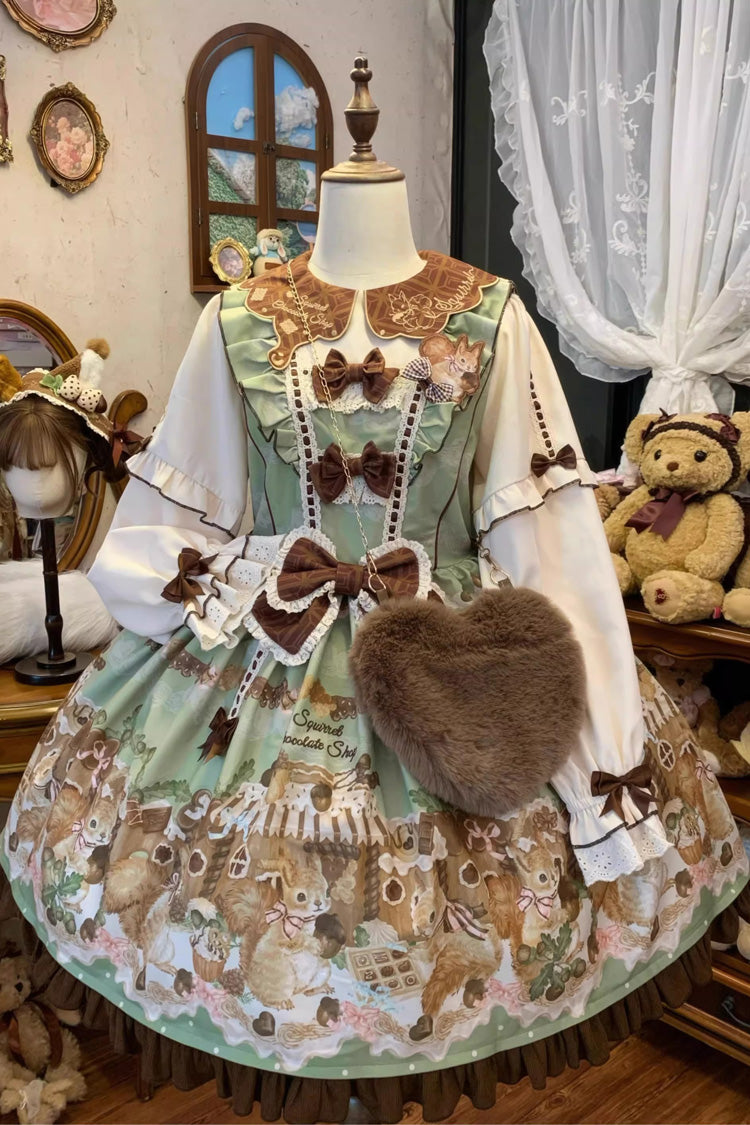 Emerald Doll Collar Long-Sleeve Bow Lolita Dress - Squirrel Chocolate