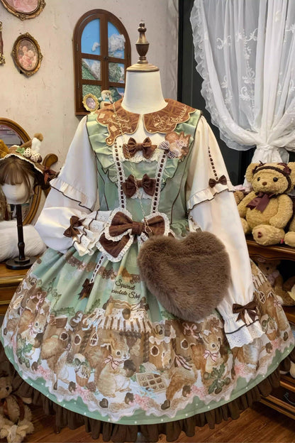 Emerald Doll Collar Long-Sleeve Bow Lolita Dress - Squirrel Chocolate