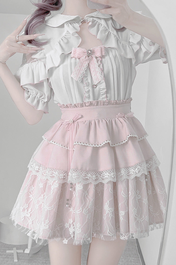 Triple-Layered Ruffle Bowknot Lace Jirai Kei Skirt Set