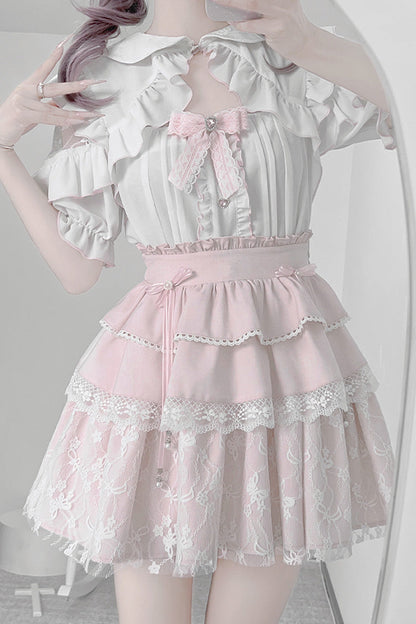 Triple-Layered Ruffle Bowknot Lace Jirai Kei Skirt Set