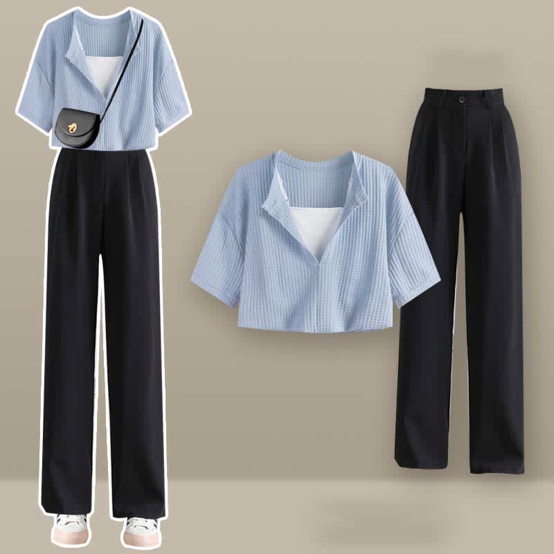 Fake Two Pieces Crop Top T-Shirt Casual Pants Set SP19694