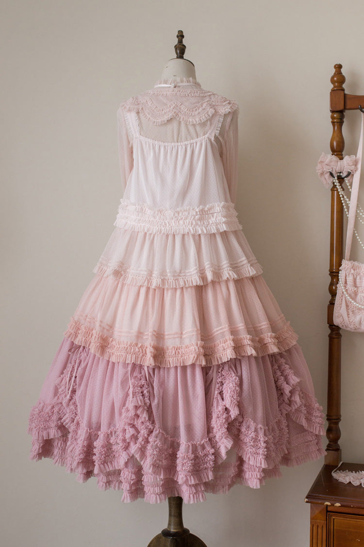 Sweet Stand Collar Long Sleeve Multi Layer Ruffle Color Block Lolita Tiered Dress 14 Colors
