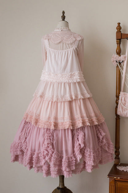 Sweet Stand Collar Long Sleeve Multi Layer Ruffle Color Block Lolita Tiered Dress 14 Colors