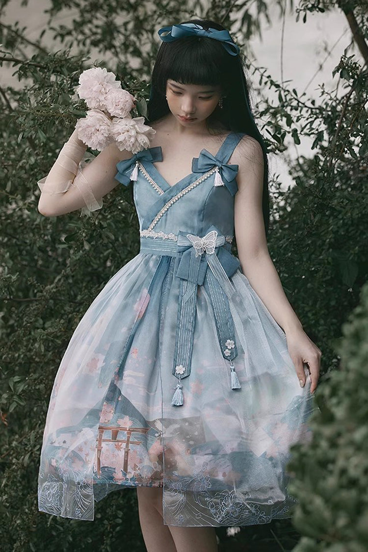 Colorful Fuji Sakura Print Bow Alice Lolita JSK Gown