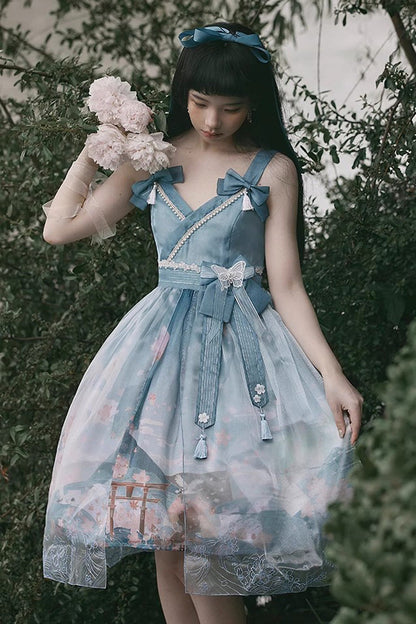 Colorful Fuji Sakura Print Bow Alice Lolita JSK Gown