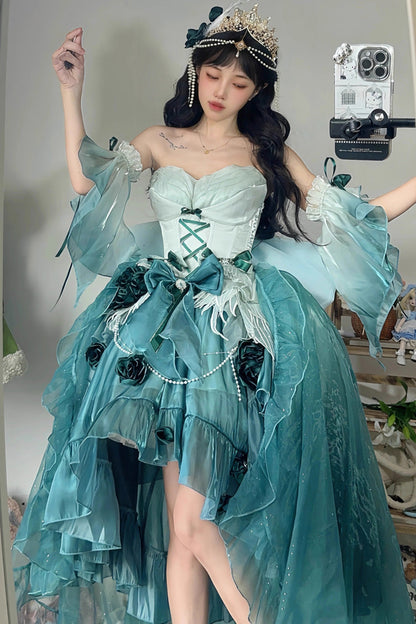 Amber Green Sweet Ballet Lolita Swan Wonderland Embroidery Lace-Up Asymmetric JSK Dress