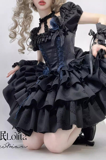 Halterneck Gothic Dress with Multi-Layered Ruffled Bow and Fishbone Lace-Up