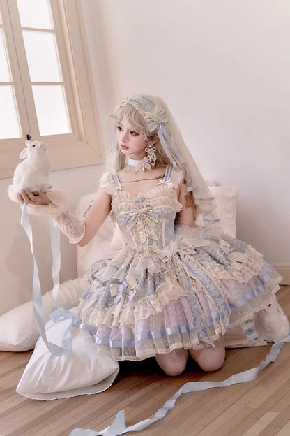 Sleeveless Embroidered Lace Dress with Fishbone Ruffle and Bow