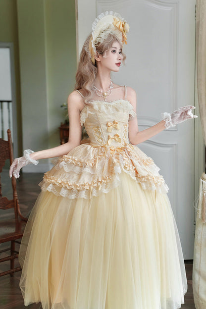 Sissi's Pilgrimage Off Shoulder Ruffle Bow Lace Sweet Lolita Long Skirt in Yellow