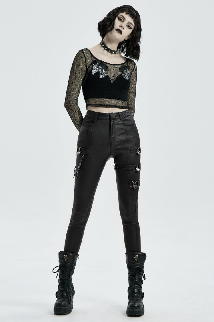 Women's Steampunk Pants with Metal Love Lock Buckles in Black Faux Leather