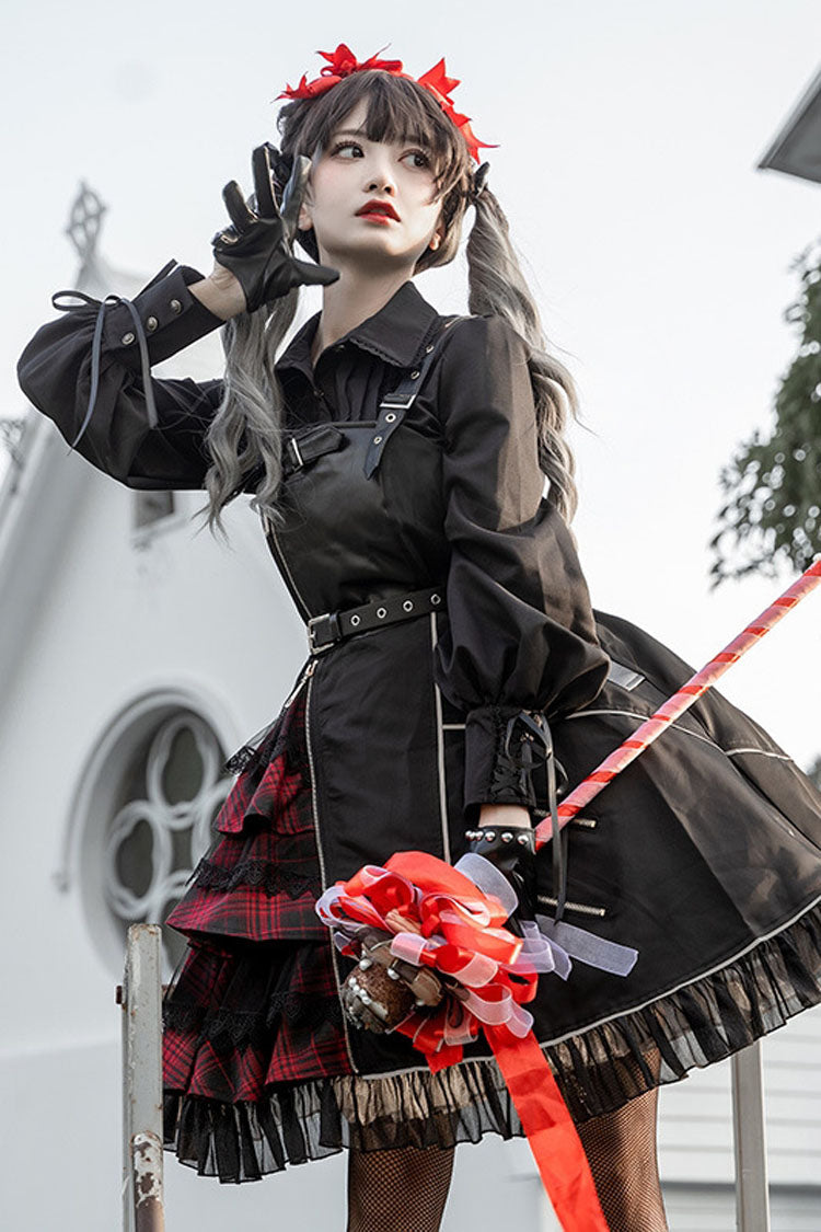 Black Zippered Gothic Lolita JSK Dress with Ruffled Multi-Layer Cardigan
