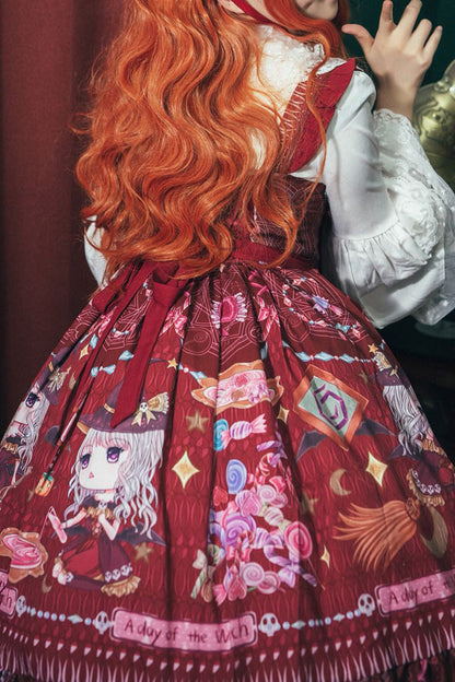 Red Little Witch Sleeveless Print Ruffle Bowknot Sweet Elegant Lolita Jsk Dress