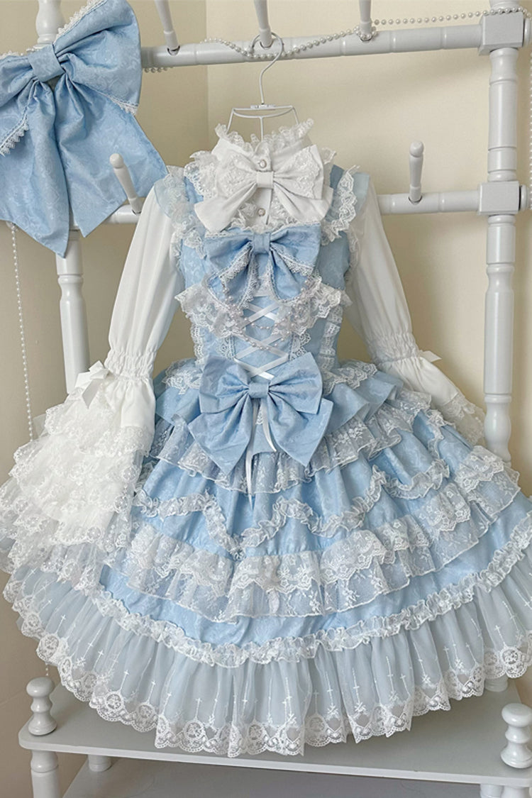 Azure Sleeveless Multilayer Ruffled Pearl Bow Lace Sweet Lolita JSK