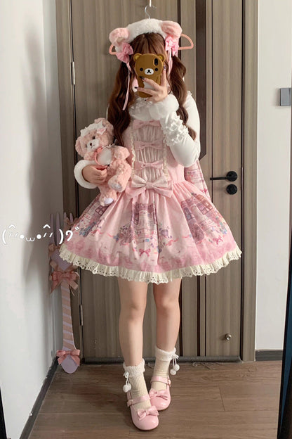 Pink Print Sleeveless Bow Lace Sweet Princess Lolita Jumper and Strap Gown - Little Bear Shop
