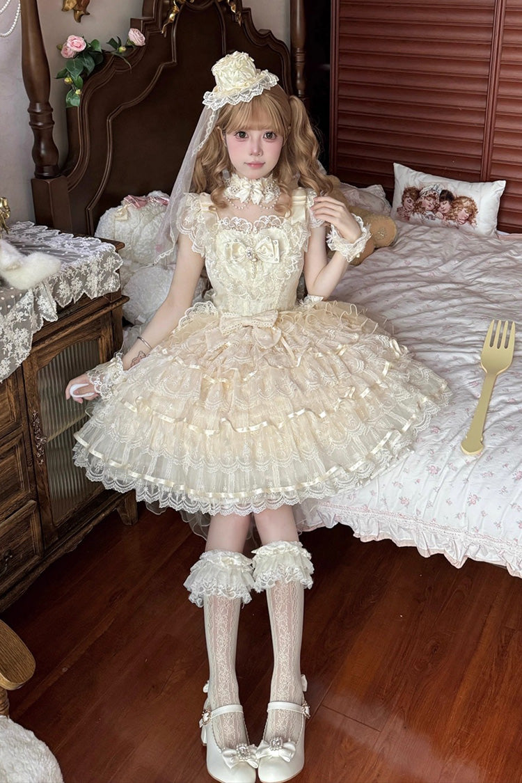 Apricot Feathers Ballad Sleeveless Multi-Layered Ruffle Hanayome Bow Sweet Lolita Jsk Dress