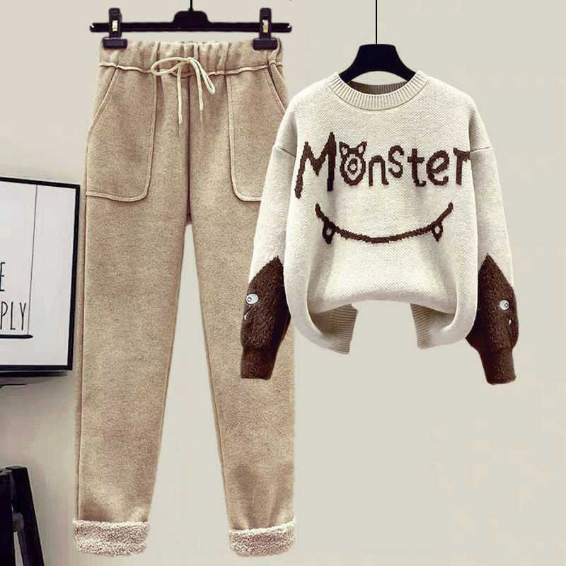 Pullover mit Monster-Buchstaben, Fleeceweste, lässiges Hosen-Set