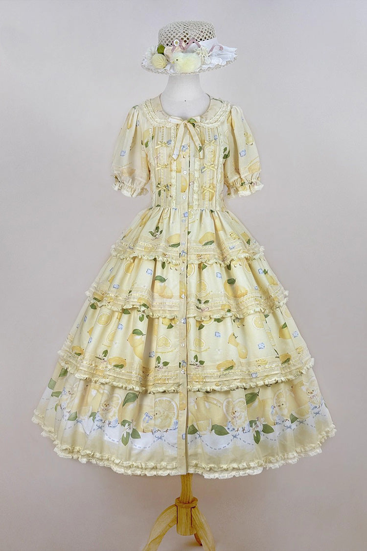 Lemon Chicken Short Sleeve Triple Layer Print Ruffle Bow Lace Gorgeous Lolita Gown in Yellow
