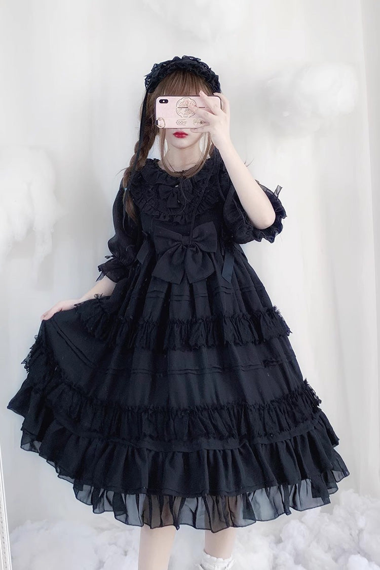 Black Lace Angel Short-Sleeved Bow-Trim Ruffled Gothic Lolita Dress