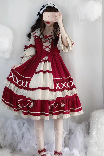 Wine Red Bow-Trim Long-Sleeved Ruffled Sweet Lolita OP Dress