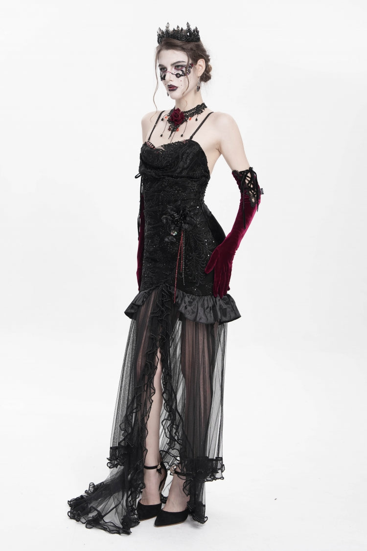 Floral Embroidery Mesh Hem Gothic Long Slip Dress