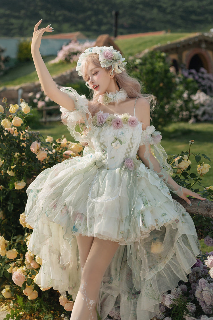 Emerald Layered Fishbone Lace-Up Lolita JSK - Spring Rose