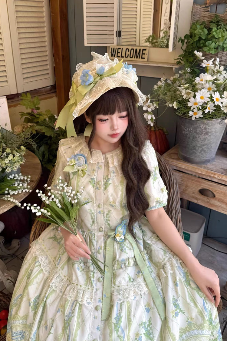 Ivory Green Lily of the Valley Perfume Pearl Candy Tea Doll Collar Sleeveless Print Lace Plus Sweet Lolita JSK