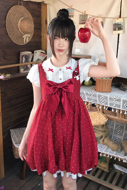 Red Little Mushroom Sleeveless Polka Dot Ruffle Bow Sweet Lolita JSK