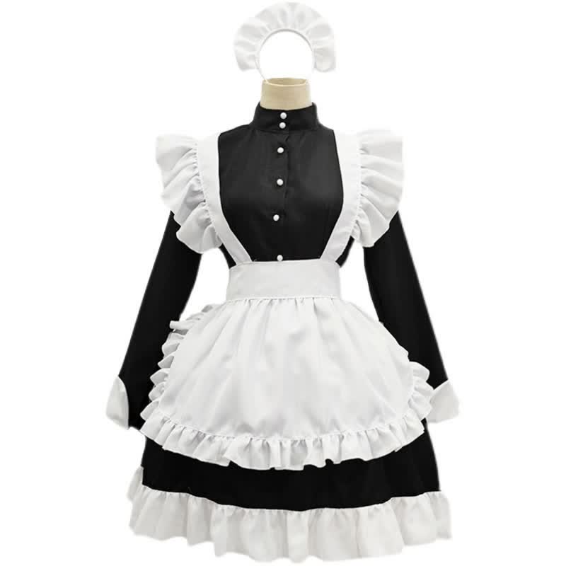 Schwarzes Lolita-Dienstmädchenkleid mit Knöpfen und langen Ärmeln und Rüschen