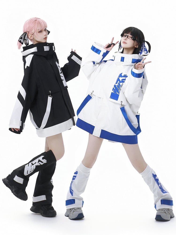 Black and White Jirai Kei Techwear Straps Hooded Windbreaker Jacket