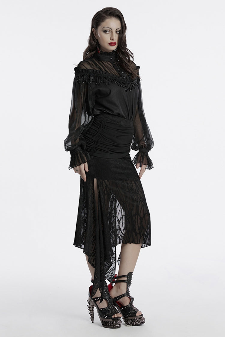Ruched Mesh Asymmetric Black Fishtail Skirt Punk Women's Style