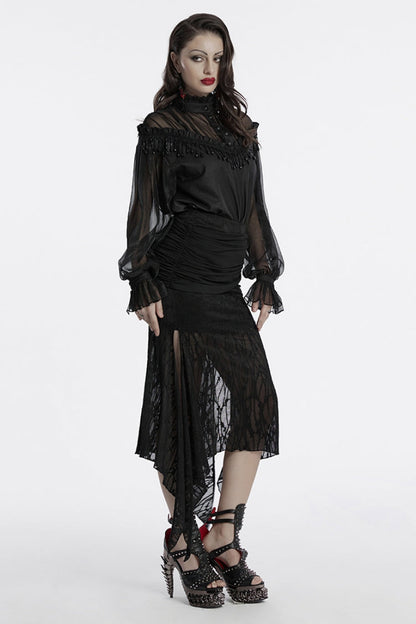 Ruched Mesh Asymmetric Black Fishtail Skirt Punk Women's Style