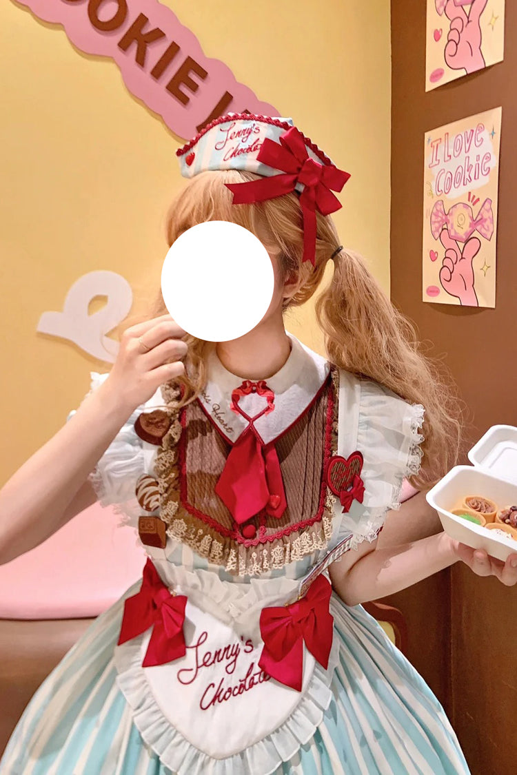 Emerald Jenny's Chocolate Short Sleeves Vertical Stripes Print Ruffle Bow Sweet Lolita Dress