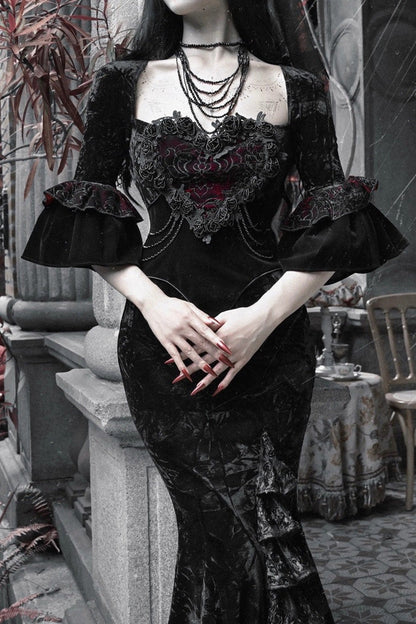 Square Collar Gothic Mermaid Dress with Multi-Layered Ruffled Embroidery - Castle of Dark Romance