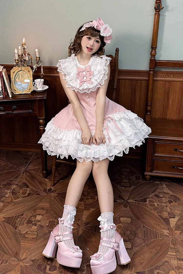 Rose Miss Tsundere Sleeveless Layered Ruffle Bow Lace Asymmetrical Princess Sweet Dress