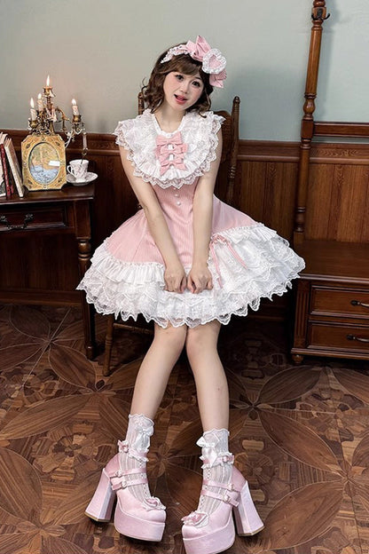 Rose Miss Tsundere Sleeveless Layered Ruffle Bow Lace Asymmetrical Princess Sweet Dress