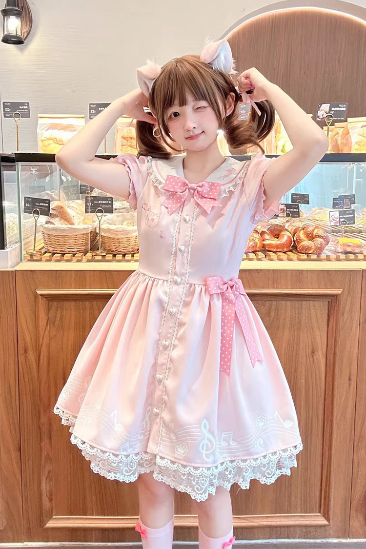 Rose Melody Kitty Doll Collar Short Sleeve Ruffled Embroidered Bow Lace Sweet Lolita Dress