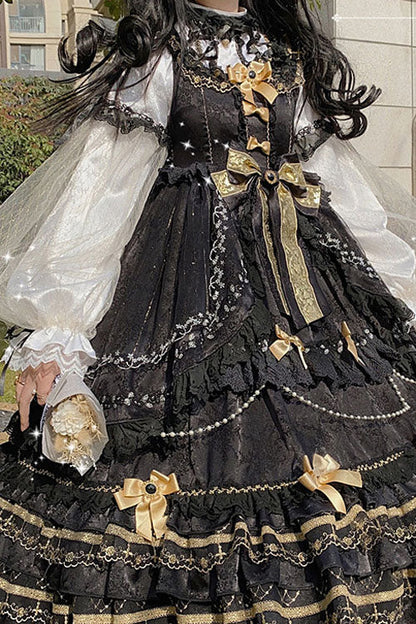 Black Hanayome Sweet Lolita JSK with Bow and Multi-Layer Ruffles